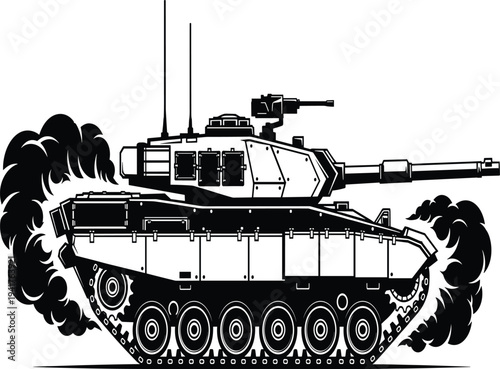 Black and white of a military tank with smoke trails vehicle armored