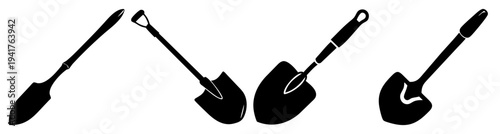Set of four black gardening shovels isolated on white background for landscaping tools and outdoor work equipment