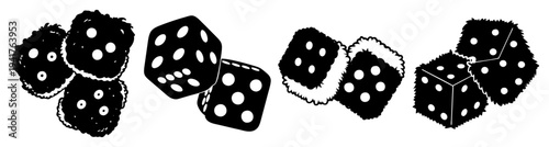 Set of six black and white dice rolling on white background for luck chance gambling game board concept