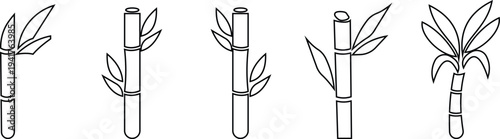 This black bamboo plant icon set features of minimalist silhouettes representing different bamboo stems, leaves, shoots, and natural growth stages. clearly highlight the elegant structure of plants.