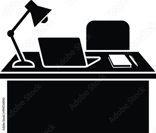 Minimalist black vector silhouette icon of a home office workspace featuring a desk with a laptop computer, chair, lamp, and notebook for remote work and study designs.