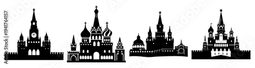 Silhouette of Russian Orthodox churches at dusk with golden domes and dramatic sky background vector illustration