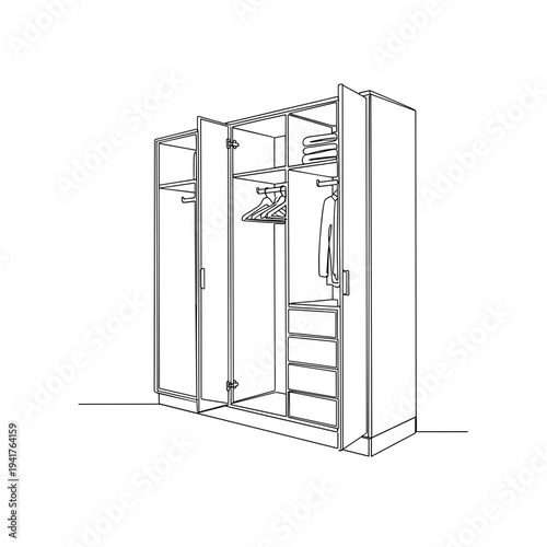 Open wardrobe with shelves and hanging clothes line drawing