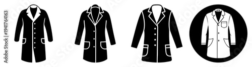 Set of four stylish black and white men's coats hanging isolated on white background fashion apparel collection
