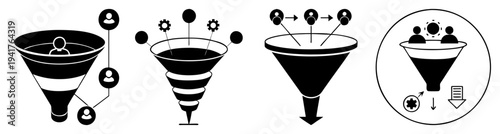 Black and white funnel icons with arrows and circles for business growth and marketing strategy vector illustration