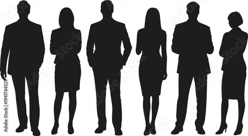 Vector Silhouette Illustration of Professional Business Team Standing Together in Formal Suits and Attire Isolated on White Background for Corporate Marketing and Leadership Concepts