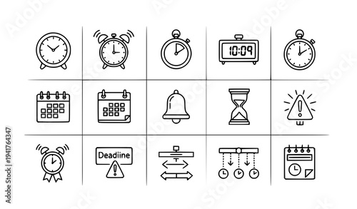 Time and schedule thin outline icons vector pixel perfect minimal clock interface set
