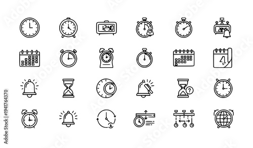 Minimal time management outline icons thin line clock and schedule vector pictogram pack