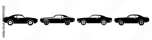 Row of vintage black classic cars parked in line side view minimalist illustration vector design retro transportation