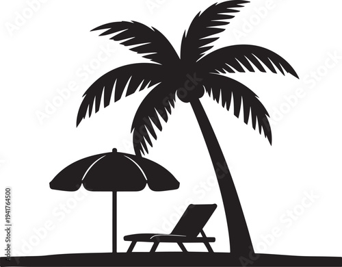 Black silhouette of a palm tree beach chair and umbrella on white background