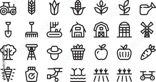 Black and white of farming equipment, crops, and agricultural tools agriculture tractor