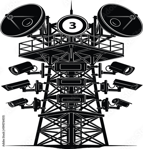 Black of a communication tower with satellite dishes and security cameras black white background metal structure
