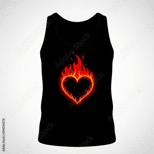 Black tank top with a fiery heart design, perfect for love.