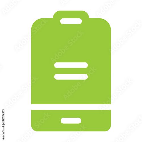 Green battery icon with charging indicator on white background symbolizing energy and power