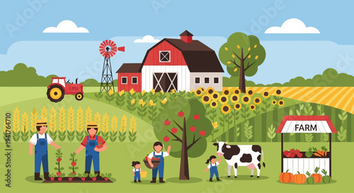 Family Farm Life Illustration: Farmers Harvesting Organic Crops, Red Barn, Tractor, Cow, and Produce Stand in a Rural Landscape.