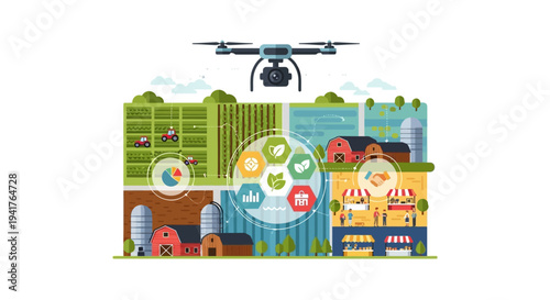 Smart Agriculture and Food Supply Chain Concept Vector Illustration. Drone Technology for Precision Farming, Data Analysis, and Market Logistics.