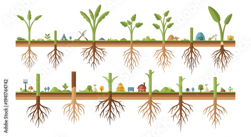 Flat Design Vector Illustration of Plant Root Systems and Growth Stages in Soil Cross Section