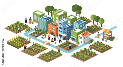 Urban Farming Concept: Isometric Community Gardens, Sustainable Agriculture, and Modern Eco-City Illustration
