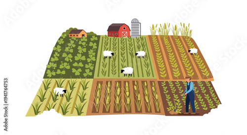 Sustainable Diversified Farm Illustration: Farmer, Crop Rotation Fields, Sheep, Barn, and Silo.