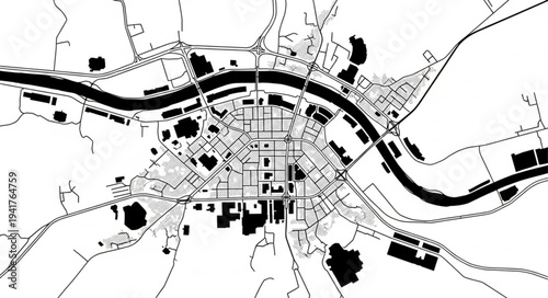Detailed City Plan Illustration with River and Urban Layout.