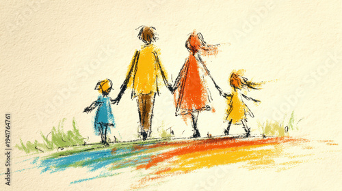 Child drawing style family walking together happiness love, crayon art sketch parents children holding hands outdoors peaceful joy
