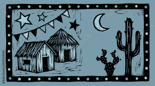 Hand-carved Style Linocut Illustration of a Desert Night Scene with Straw Huts, Saguaro Cacti, Crescent Moon, and Stars, Featuring a Decorative Polka Dot Border