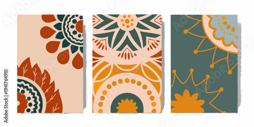 Three decorative panels with floral and geometric bohemian patterns