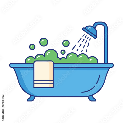 Blue bathtub filled with green bubbles and shower head running towel hanging on side relaxing bathroom scene with calming colors