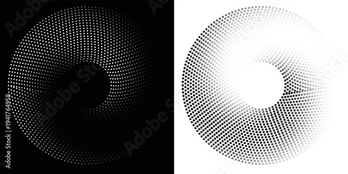 Halftone Circular Dot Pattern. Circle Frame using Halftone Dots Raster Texture. Polka Dots. Spiral logo Icon. Radial design element. Vector Illustration.
