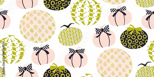 A seamless pattern of decorated gift spheres in pastel shades