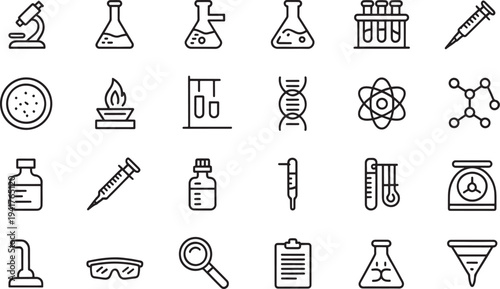 Black and white of laboratory equipment and scientific symbols microscope 1