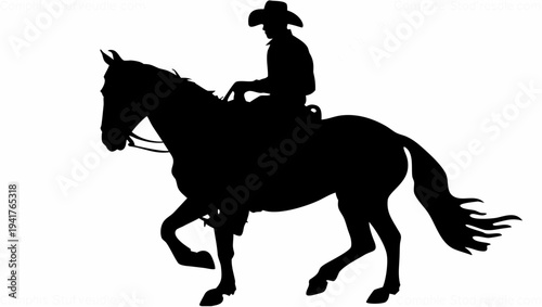 Cowboy riding horse in dynamic motion with flowing mane and tail