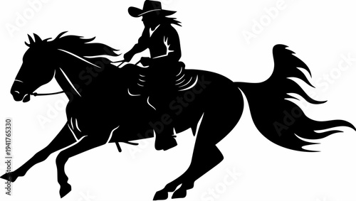 Cowboy riding horse galloping freely in open range