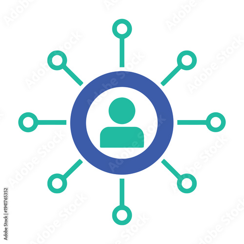 Blue circle icon with green user profile symbol surrounded by connected nodes on white background
