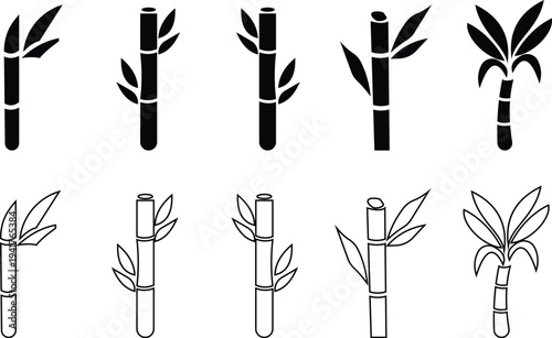 This black bamboo plant icon set features of minimalist silhouettes representing different bamboo stems, leaves, shoots, and natural growth stages. clearly highlight the elegant structure of plants.