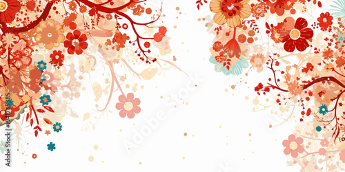 Floral arrangement with blossoming branches and scattered petals on white