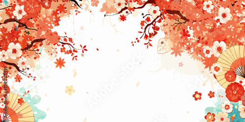 Elegant floral arrangement with cherry blossoms fans and decorative elements