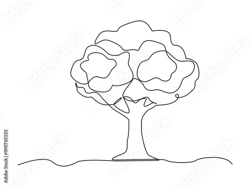Tree in continuous line art drawing style. Giant and powerful tree black linear design, vector illustration.