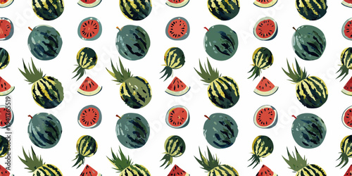 Seamless pattern of watermelons pineapples and sliced fruit on white