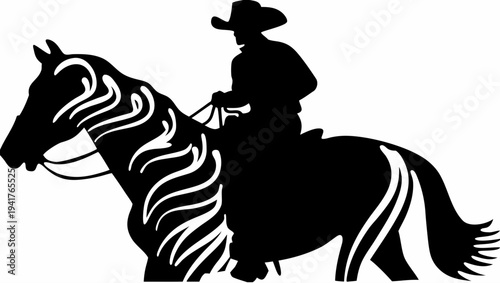Cowboy riding horse with flowing mane in dynamic motion