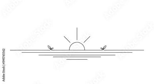 Minimalist Sunrise Over Horizon with Subtle Leaves and Rays, Clean Design