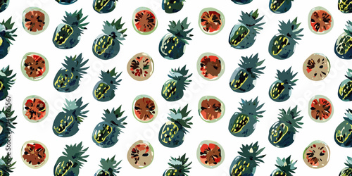 Colorful pattern of painted pineapples and grapefruit slices on white