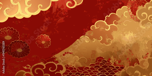 Elegant red and gold floral background with traditional asian motifs