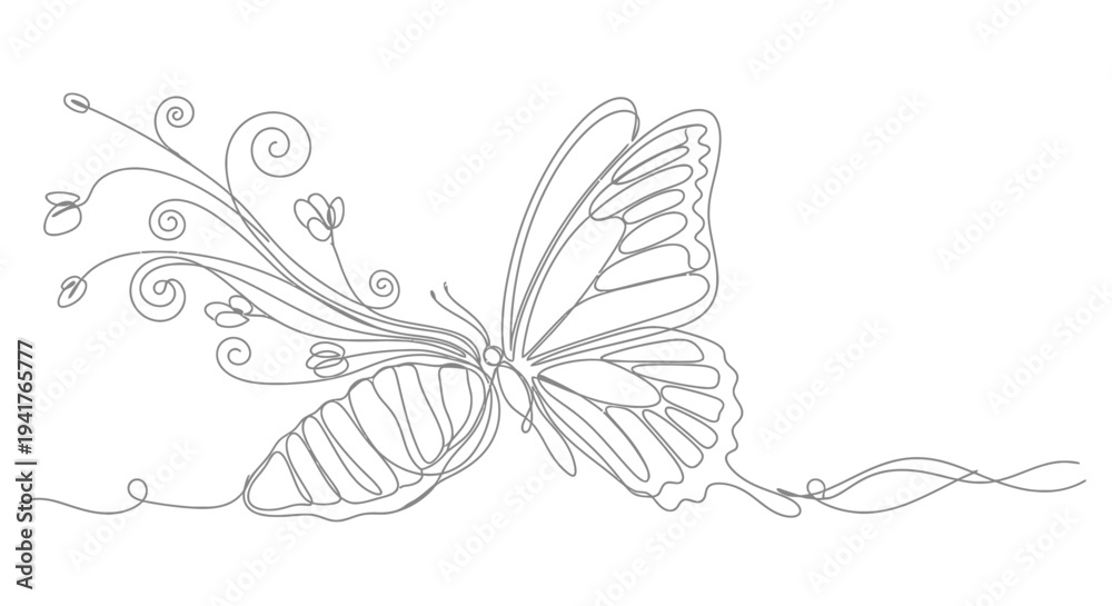 Obraz premium Butterfly emerging from chrysalis, elegant one line drawing, nature transformation
