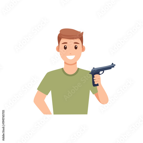 A smiling man holding a handgun, possibly at a shooting range or in self-defense, or as a symbol of power and control