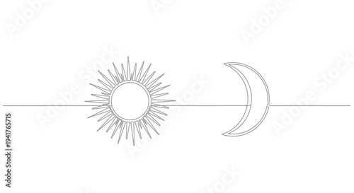 Minimalist line art of sun and crescent moon against white background