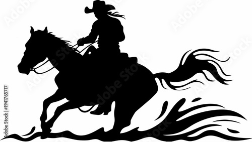 Cowboy riding horse at full gallop in dynamic motion