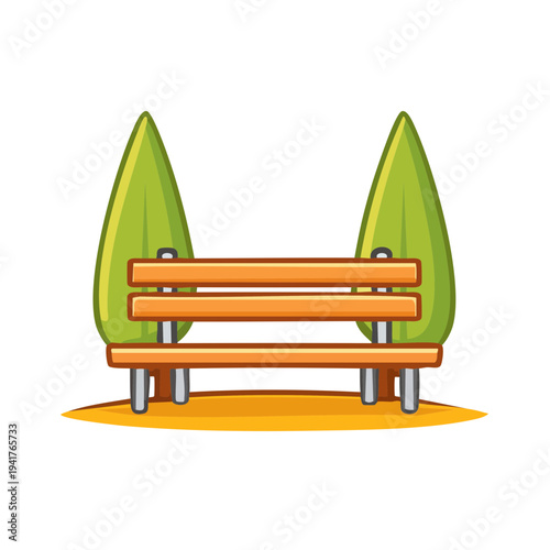 A park bench is placed between two evergreen trees