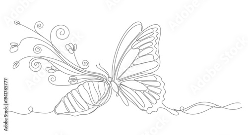 Butterfly emerging from chrysalis, elegant one line drawing, nature transformation