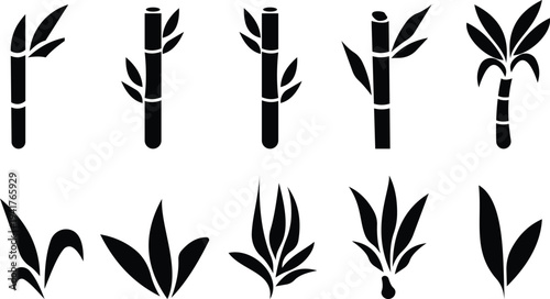 This black bamboo plant icon set features of minimalist silhouettes representing different bamboo stems, leaves, shoots, and natural growth stages. clearly highlight the elegant structure of plants.